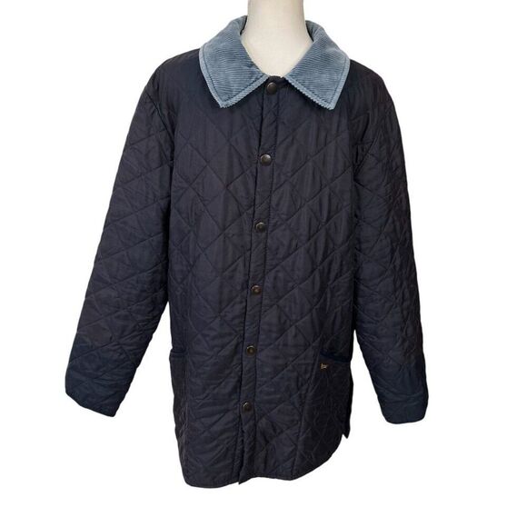 Vintage Barbour Men's Navy Quilted Jacket With Corduroy Collar Navy Blue Size L